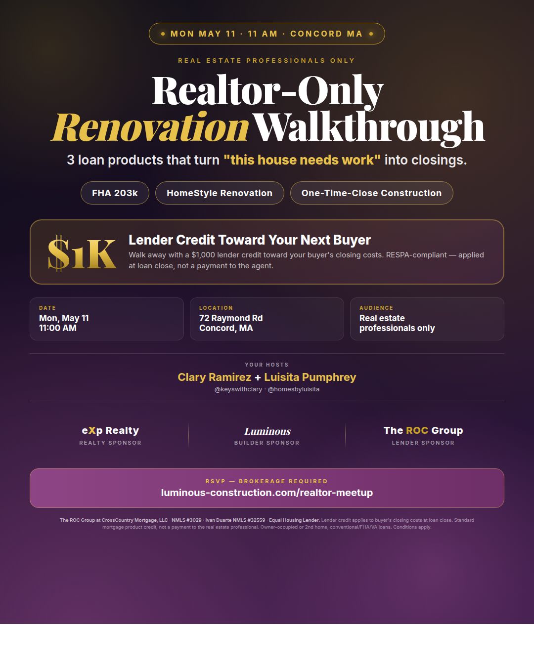 Flyer for the Realtor-Only Renovation Walkthrough at 72 Raymond Rd in Concord, MA